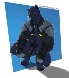 anthro artist_name balls black_body black_clothing black_fur black_jacket black_topwear bluesky_logo boss_koji_(fortnite) bottomless clothed clothing crouching diamobster ear_piercing ear_ring epic_games eye_scar facial_scar fangs felid foreskin fortnite fur genitals geometric_background gloves handwear hi_res humanoid_genitalia humanoid_penis jacket jewelry leg_scar looking_at_viewer male mammal necklace open_clothing open_jacket open_mouth open_topwear outline pantherine patreon patreon_logo penis piercing pubes ring_piercing scar shadow simple_background solo teeth telegram_logo topwear whiskers white_outline x_logo yellow_sclera