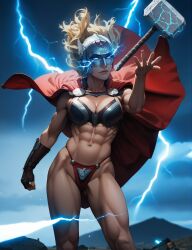 abs absurd_res ai_generated bikini_armor female female_focus female_only human human_only jane_foster lady_thor light-skinned_female light_skin lightning marvel marvel_cinematic_universe mjolnir muscular_female natalie_portman photoshop red_cape solo solo_female solo_focus synth_canvas thor:_love_and_thunder thor_(series)