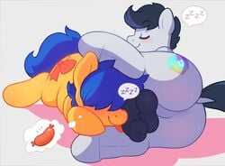 2boys animal_genitalia anus ass balls blue_hair blush cuddling cutie_mark friendship_is_magic fur furry furry_only gay hair horsecock lemonpuffs male male_only my_little_pony no_humans orange_fur penis sleeping zonkpunch