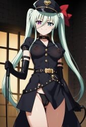 ahoge ai_generated belt bikini black breasts cameltoe cap, clothes covered dominatrix einhart einhart_stratos elbow gloves green hair hat heterochromia long mahou_shoujo_lyrical_nanoha mahou_shoujo_lyrical_nanoha_strikers medium nipple nipples peaked ribbon string thighs through twintails visible