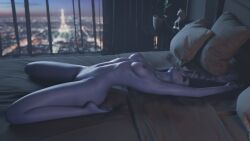 1girls 3d 61cent ass bed bedroom blizzard_entertainment breasts closed_eyes medium_breasts naked naked_female nipples nude nude_female on_back overwatch purple_skin pussy solo vagina wallpaper widowmaker