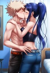 1boy 1boy1girl 1girls ai_generated anime attractive babe badass bakugou_katsuki bed bedroom belt black_pants blonde_hair blue_hair boku_no_hero_academia breasts closed_eyes couple crack_pairing crack_ship crossover crossover_kiss curvy cute dark_blue_hair fantasy female hands_on_face hero idol indoors jeans jnbu katsuki_bakugou kissing love_live! male male/female matsuura_kanan midriff my_hero_academia novelai ponytail sexy shirtless shirtless_male spiky_hair straight topless_male young