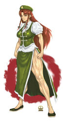 2011 blush breasts china_dress clothed dairoku_tenma hong_meiling large_breasts long_hair muscle muscular muscular_female red_hair tagme touhou traditional_media