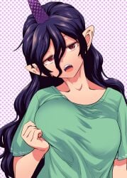 big_ears boob_focus breasts breasts collarbone fuuzasa green_shirt horn no_bra purple_hair sharp_teeth steamy tenkajin_chiyari tired tired_expression touhou