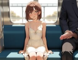 ai_generated big_penis blush dress exhibitionism exhibitionist exposed_penis fear fearful_expression flashing_penis flat_chest flat_chested huge_cock huge_cock leaking_precum scared scared_expression sexual_assault sexual_harassment short_hair small_breasts tiny_breasts train_interior