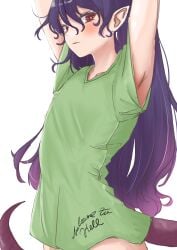 1girls armpits bottomless braless horn looking_at_viewer no_bra no_panties no_underwear pointy_ears pov purple_hair tail tenkajin_chiyari touhou