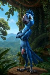 20th_century_fox 20th_century_studios ai_generated anthro arms_crossed avian balls bird blue_feathers blue_sky_studios brown_eyes epstar14 jungle jungle_background macaw male male_only penis rio_(film) rio_(series) rio_2 smiling talons testicles tiago_(rio)