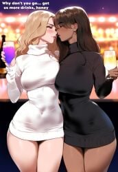 2girls ai_generated alcohol bare_legs bare_thighs big_breasts blonde_hair blush brown_eyes brown_hair cheating clothed clothing color coomersucc dark-skinned_female dark_skin dress english_text female female_focus female_only green_eyes hi_res imminent_kiss large_breasts light-skinned_female light_skin long_hair netorare nightclub ntr original_character solo_female text thick_thighs yuri yuri