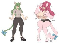 bimbophi bimbophication breast_expansion cat_ears cat_tail catgirl fishnets hourglass_expansion hourglass_figure nipples_visible_through_clothing pink_hair tagme wide_hips