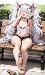 ai_generated azur_lane belly bunny_ears feet flat_chest flat_chested flip_flops hentaihero27 knees laffey_(azur_lane) light-skinned_female mini_short nipples nipples_visible_through_clothing park park_bench pink_nipples see-through see-through_clothing short_female shorts tank_top thong_straps toes twintails white_hair yawn yawning