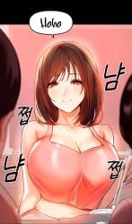 1girls blush breasts brown_eyes brown_hair cleavage large_breasts light-skinned_female manhwa my_landlady_noona seo_hari shirt shorts smile text