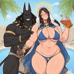 abs ai_generated alcohol anthro anthro_on_human anubis big_breasts big_penis blush blush bottle breasts brown_hair curvy_figure drunk duo egyptian erect_penis female larger_male male muscular muscular_male naked nude oasis party pecs penis pool robe seductive seductive_look seductive_smile smirk smirking taller_male teasing thick_thighs veil virgin_mary whiskey wide_hips