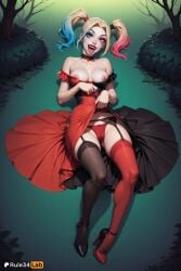 1girls ai_generated artist_name asymmetrical_legwear bare_shoulders black_choker black_footwear black_thighhighs blonde_hair blue_eyes blue_eyeshadow blue_hair bow bow_panties breasts cameltoe choker clothes_lift collarbone dc dc_comics dress dress_lift eyeshadow flashing forest full_body garter_belt gradient_hair halloween harley_quinn harley_quinn_(series) heart hi_res high_heels lifted_by_self lipstick long_hair looking_at_viewer lying makeup medium_breasts multicolored_clothes multicolored_hair nail_polish nature nipples no_bra on_back open_mouth panties patreon_username pink_hair red_dress red_footwear red_lips red_nails red_panties rule34lab smile solo teeth thighhighs tongue tongue_out twintails underwear