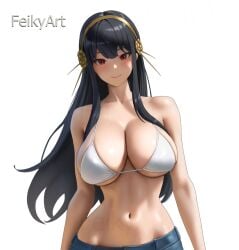 1girls ai ai_assisted ai_generated bikini black_hair feikyart hairband huge_breasts jeans looking_at_viewer red_eyes spy_x_family yor_briar yor_forger