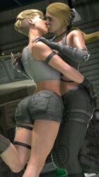 bare_shoulders blonde_hair blue_eyes denim fingerless_gloves gloves holster midriff multiple_girls short_hair shorts