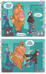 ailurid anthro ass balls bear belly big_balls big_balls_small_penis big_belly big_butt blush bottomwear bottomwear_down bulge canid canine canis clothed clothing comic dalmatian denim denim_bottomwear denim_clothing dialogue disproportionate_genitalia domestic_dog elephant elephantid english_text exclamation_point eyewear gay gay_male genitals glasses group hi_res hoodie jeans male male/male mammal matchaijuice moobs obese obese_anthro obese_male overweight overweight_anthro overweight_male pants pants_down partially_clothed penis proboscidean public public_nudity red_panda shiba_inu shirt shorts size_difference small_penis soda_(matchaijuice) spitz stubble tank_top text topwear wearing_glasses yaoi