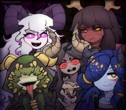 5girls alternate_version_available black_hair blue_body blue_feathers blue_hair blue_skin blush chaos_(warhammer) chaos_god chaos_goddess close_up collar concerned daemon deity demon earring earrings fangs feathers female female_only fur glowing glowing_eyes god goddess great_horned_rat green_hair green_tongue hair_over_eye hair_over_eyes hood hood_up horn horns jewel_on_forehead jewelry khorne long_ears long_hair multicolored_hair multiple_girls nurgle orange_eyes panic parody peace_sign piercing piercings pink_eyes pink_hair rat red_body red_eyes red_skin rodent scars scars_on_face sharp_teeth side_by_side skaven skaven_mark slaanesh smiling tattoo tattoo_on_face tattoo_on_forehead tempura_person tongue_out tzeentch unusual_anatomy warhammer_(franchise) warhammer_age_of_sigmar warhammer_fantasy white_hair worried