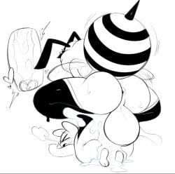 1futa abdomen antennae antennae_(anatomy) anthro anus ass backsack bee big_butt black_eyes breasts cum cum_inside excessive_cum futanari insect_wings insects penis puppysnackz