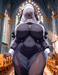 1female ai_generated big_breasts black_lipstick black_panties breasts breasts_bigger_than_head comparing curvy curvy_body curvy_female curvy_figure curvy_hips dark-skinned_female dark_nipples dark_skin emotionless hair_over_eyes helluva_(starlightnex) huge_breasts long_hair massive_breasts mature_female nun nun_outfit original original_character playful queen seductive seductive_smile starlightnex stockings thick thick_ass thick_hips thick_legs thick_lips thick_thighs thigh_highs thighs very_long_hair white_hair