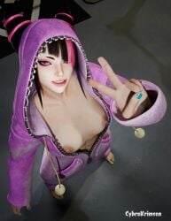 3d 3d_render abs barefoot black_hair breasts breasts_out clothed cybrokrimson erect_nipples feet female fingernails fit fit_female hair_cones juri_han light-skinned_female light_skin looking_at_viewer looking_up medium_breasts nail_polish nails nipples onesie open_clothes peace_sign smiling street_fighter street_fighter_6 tagme toenail_polish toenails toes