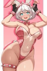 blue_eyes bowtie bunny_ears bunny_pose bunny_tail bunnysuit curvy curvy_figure curvy_hips elphelt_valentine fingerless_gloves garter guilty_gear guilty_gear_strive leg_garter scrapy smile smiling smiling_at_viewer spiked_bracelet thigh_garter transparent_clothing white_hair