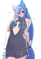 1girls 2d alien_girl aquwa artist_request bare_arms bare_hands bare_legs bare_navel bare_shoulders bare_skin bare_thighs black_bow black_eyes blue_hair blush braid cat_ears female light_blue_hair long_hair long_hair_female mole_under_eye navel padded purple_eyes tagme twitch virgin_killer_sweater virtual_youtuber vtuber
