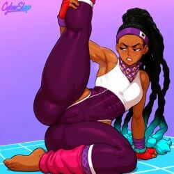 1girls ai_generated barefoot blue_hair braided_hair clothed clothed_female clothing cyberslop dark-skinned_female dark_skin female_only headband kimberly_jackson leg_warmers leotard long_hair one_leg_raised one_leg_up sitting solo solo_female street_fighter street_fighter_6 sweat sweating sweaty two_tone_hair workout workout_clothes