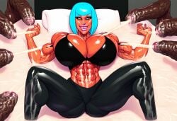 abs_female abs_focus ai_generated athletic athletic_female bimbo_body black_cock cum_on_abs cum_on_body cumshot dark-skinned_dom dark-skinned_female elana_eyrt female fseekerw light_blue_hair oc original_character pointy_ears standing surrounded_by_penises tight_clothes tight_clothing tight_pants white_eyes