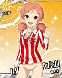 breasts brown_eyes card_(medium) character_name female jewelry low_twintails medium_breasts necklace open_mouth orange_hair smile solo sparkle striped sun_(symbol) twintails