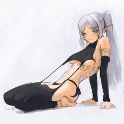 arm_sleeves belly belly_button breasts ear_piercing earrings elf elf_ears elf_female elf_girl female frieren frieren_beyond_journey's_end green_tattoo heart-shaped_pupils leaning_on_hands light-skinned_female light_skin long_hair looking_at_viewer mawaw navel no_bra panties pointy_ears seiza sideboob smiling smiling_at_viewer tattoo tattoos twintails underboob virgin_destroyer_sweater white_hair