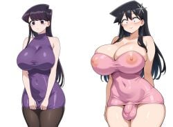 1futa 1futa1girl 1girls ai_generated big_breasts black_eyes black_hair bulge civitai female genderswap_(mtf) hair_ornament komi-san_wa_komyushou_desu komi_shouko long_hair pantyhose pink_dress purple_dress purple_eyes purple_hair rule_63 tadano_hitohito tagme tube_dress