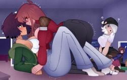 4girls alexis_(juhbuhyuh) amy_(juhbuhyuh) breast_press breast_to_breast breasts breasts_to_breasts fully_clothed giantess huge_ass huge_breasts imminent_lesbian_sex imminent_sex jeans juhbuhyuh mini_giantess room_filling thick_thighs yuri yuri