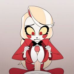 accurate_art_style ai_generated amazon_prime blonde_hair breasts charlie_morningstar_(hazbin_hotel) civitai clothed demon demon_girl female hazbin_hotel human male male/female outercourse paizumaster69 paizuri penis penis_between_breasts red_suit titjob vivienne_medrano youtube