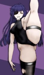 aapendooors doll_(murder_drones) eyepatch human humanized leg_up purple_hair ripped_pantyhose
