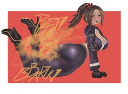 ass blush blush_lines breasts brown_eyes brown_hair bubble_ass bubble_butt capcom_vs_snk cleavage crop_top cropped_jacket fart fart_cloud fart_fetish farting fat_ass fatal_fury female king_of_fighters leaning_forward legs_up mai_shiranui melonarts2_(artist) snk stretching thick_thighs