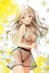 ai_assisted ai_generated areolae areolae_visible_through_clothing balloon bare_shoulders blush breasts collarbone erotic_costume fishnet_clothing flower green_eyes highres holding_object long_hair looking_at_viewer medium_breasts nipples nipples_visible_through_clothing nude simple_background standing sweat thighs third-party_edit weri white_background white_hair