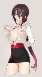 black_hair black_skirt closed_mouth frills genderswap_(mtf) hair_between_eyes long_hair low_ponytail nipples ponytail rule_63 shirt skirt solo very_long_hair