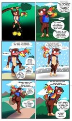 absurd_res anthro ass avian backpack backpack_only banjo-kazooie banjo_(banjo-kazooie) bear birbpan blush bubble_butt comic embarrassed embarrassed_male female genitals genitals_shrinking hi_res humiliation kazooie male mammal micropenis nude outside penis penis_humiliation rareware small_penis small_penis_humiliation speech_bubble