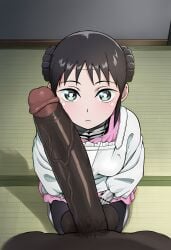 1boy 1boy1girl 1girls ai_generated apron before_and_after before_oral boku_no_tsuma_wa_kanjou_ga_nai cheating cheating_girlfriend dark-skinned_male double_bun expressionless from_above girthy_penis hands_on_thighs huge_cock indoors interracial large_testicles looking_at_viewer looking_up male/female male_pubic_hair medium_breasts mina_(my_wife_has_no_emotion) my_wife_has_no_emotion necklace netorare ntr on_floor penis_over_face pink_shirt pov pov_crotch robot robot_girl room seiza solo_focus straight testicles veiny_penis waroffree wedding_ring