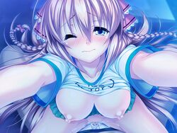 aozora_stripe blonde_hair blue_eyes blush braid breasts censored collarbone female game_cg hair_ribbon long_hair nipples penis piromizu ribbon sawatari_kotone sex twin_braids vaginal_penetration