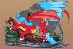 3:2 anal anal_orgasm anal_sex avian beak black_body black_claws black_fur blue_body blue_fur brown_eyes claws cocodrops_(artist) dragon duo ejaculation feathered_wings feathers feral fur genitals gryphon hands-free knot male male/male membrane_(anatomy) membranous_wings mythological_avian mythological_creature mythological_scalie mythology orgasm penetration penis pink_knot pink_penis red_body red_membrane red_scales scales scalie submissive submissive_feral submissive_male ventral_scales white_claws wings yellow_body yellow_scales