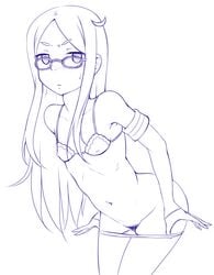 armband blue_eyes blush bra covered_nipples female flat_chest ghettoyouth glasses gloves half_gloves long_hair monochrome natasha_(sekai_seifuku) navel panties pointy_chin pubic_hair sekai_seifuku:_bouryaku_no_zvezda solo sweatdrop underwear undressing