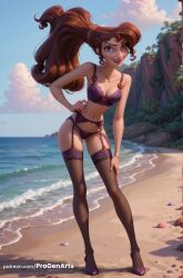 1girls ai_generated beach black_thighhighs blue_sky bow bow_panties bra breasts brown_hair cleavage cloud contrapposto day disney disney_princess earrings female full_body garter_belt greek_mythology hand_on_own_hip hercules_(disney) hi_res high_heels leaning_forward lingerie lips lipstick long_hair looking_at_viewer makeup medium_breasts megara nail_polish navel ocean open_mouth outdoors panties ponytail progenarts purple_bra purple_eyes purple_footwear purple_panties red_lips sand shell sky smile solo standing thighhighs underwear underwear_only web_address