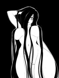 black_hair hand_on_head huge_breasts large_breasts long_hair monochrome tagme truelordpotato