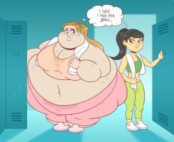 2girls aaronfly98 asian asian_female bbw biting_lip biting_own_lip black_hair blob blogicomics blonde_hair blush double_chin edit edited edited_art edited_screencap fat fat_arms fat_ass fat_ass_female fat_belly fat_face fat_female fat_fetish fat_folds fat_legs fat_thighs fat_woman female female_only gym gym_bottomwear gym_clothes gym_clothing gym_shorts gym_uniform i_wish_i_had_her_body_(meme) imagining implied_lesbian larger_female locker locker_room lockers longing_eyes meme morbidly_obese morbidly_obese_female obese obese_female sbbw shadow slim slim_girl smaller_female ssbbw sweat sweating sweaty text text_bubble thought_bubble wishing