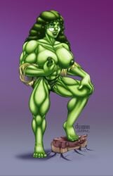 abs artist_signature breasts cameltoe cracked_glasses dungeon-dame fingers_on_nipples glasses hand_on_nipple jennifer_walters long_hair muscular post_transformation ripped_clothing she-hulk standing
