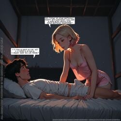 1boy 1boy1girl ai_generated artificial_intelligence aunt bed bed_sheet bedroom birthday birthday_gift birthday_sex blonde_female blonde_hair boner boy breast_peek breasts breasts_out bulge erect_penis erection erection_under_clothes female hard_cock hard_on hard_penis male night one_breast_exposed one_breast_out one_breast_visible pajamas pink_tips rimlight rqueirozbr seducing seduction seductive seductive_body seductive_look seductive_pose seductive_smile shocked shocked_expression shocked_eyes shocked_face short_hair surprise