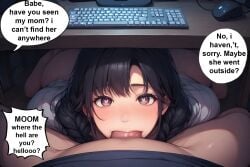 1boy 1girls ai_generated bangs black_hair blowjob blowjob_pov blush blushing_at_partner blushing_female bottomless bottomless_female bottomless_male braided_hair braids brown_eyes cheating cheating_(relationship) cheating_boyfriend computer_keyboard dark_hair deepthroat desk desktop fellatio female female_focus heart heart-shaped_pupils light-skinned_female light_skin long_hair looking_at_another looking_at_partner male_pov male_with_female mother-in-law oral oral_sex penis penis_in_mouth speech_bubble stealth stealth_blowjob stealth_fellatio stealth_oral straight sucking sucking_penis talking_to_another under_the_table