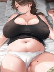 1girls alternate_version_available belly breasts brown_hair chubby chubby_female closed_eyes female huge_breasts judies lying lying_on_back mature mature_female mature_woman milf mole mole_on_breast mole_under_eye navel on_back original panties plump sleeping textless_version underwear white_panties
