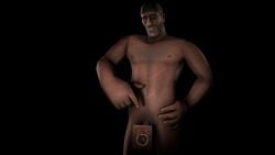 3d bombinomicon book cartoondestroyer chest_hair dark-skinned_male demoman demoman_(team_fortress_2) flaccid gay looking_at_viewer male nude penis_peek pointing_at_penis sfm smirk smug source_filmmaker standing team_fortress_2
